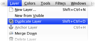 GIMP "Layer" menu with "Duplicate Layer…" option highlighted