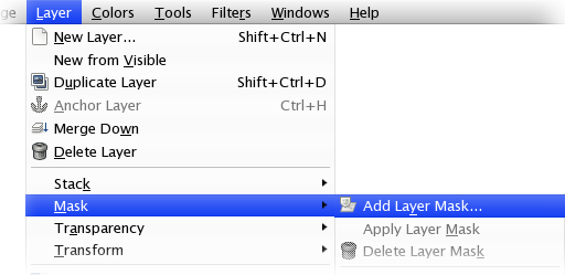 GIMP "Layer" → "Mask" → "Add Layer Mask" menu option