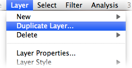 Photoshop "Layer" menu with "Duplicate…" option highlighted