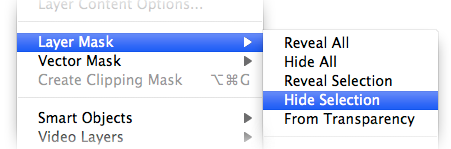 Photoshop "Layer Mask" → "Hide Selection" menu option