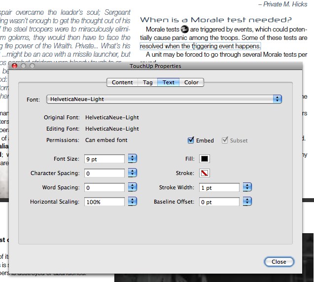 Screenshot of Adobe Acrobat Pro text touchup tool
