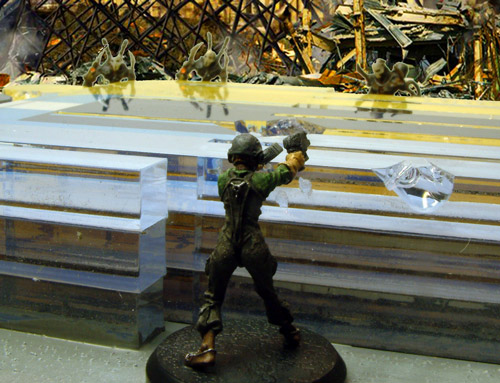 Lt. Fortuna using a sculpture as cover from hostile Therians